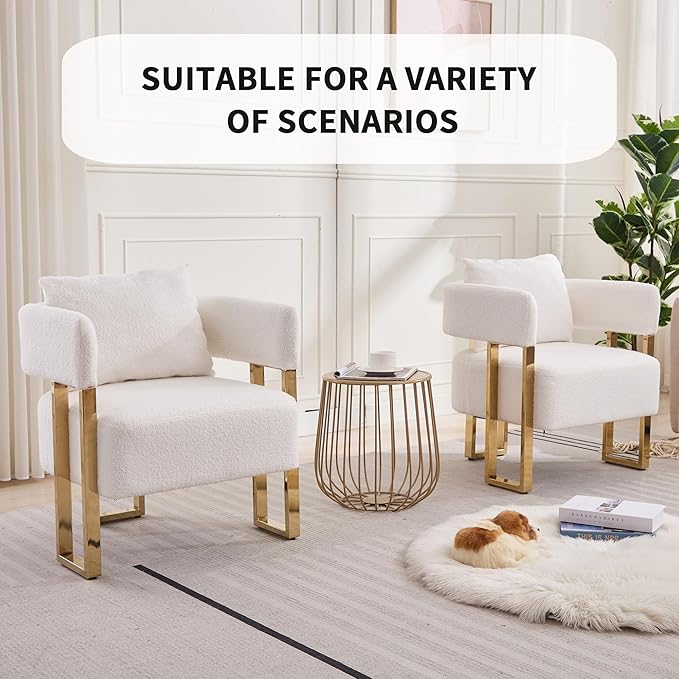 YITAI Modern Accent Chairs no Wheels Living Room Side Chairs Set of 2 with Golden Metal Legs Barrel Soft Teddyt Upholstered Reading Armchairs for OfficeReception RoomBedroomLoungeWhite