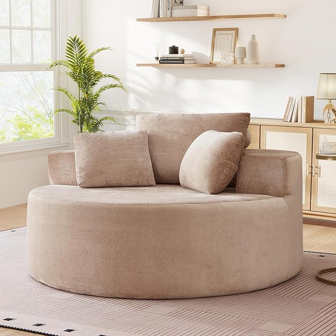 Modern Round Accent Sofa Chair for Living Room Upholstered Soft Terrycloth Barrel Lounge Arm Chair with Large seat&ampThrow Pillows for Bedroom Office Apartment Camel