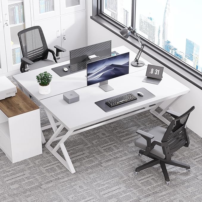 LVB Modern White Computer Desk Long Industrial Home Office Desk for Student Large Metal Wood Writing Study Work Desk Farmhouse Executive Gaming Computer Table for Bedroom Living Room White 60 in