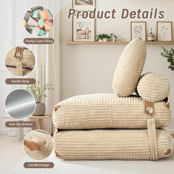 Folding Sofa Bed Convertible Sleeper Chair with Pillow Foldable Mattress Lounge Chair for Living Room Bedroom Portable Guest Bed Beige