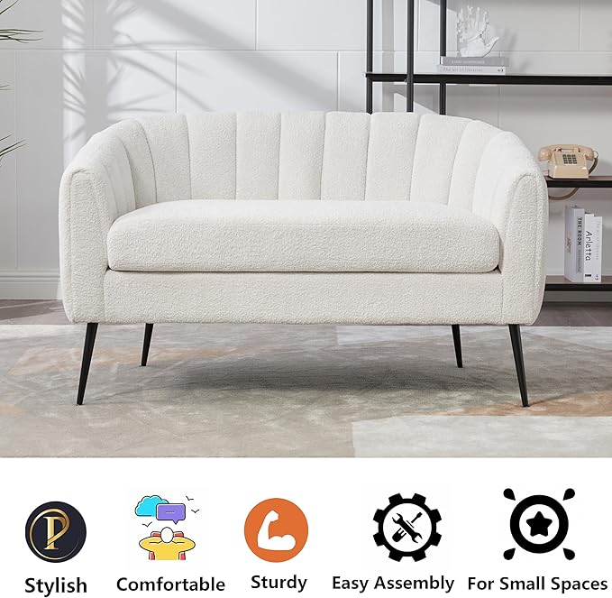 50.2 Small Sofa Couch for Small SpacesModern Chenille Loveseat CouchesOval 2 Seater Sofas with Black Metal Legs for ApartmentDormStudioBedroomRV. (Ivory with Metal Legs 50.2)