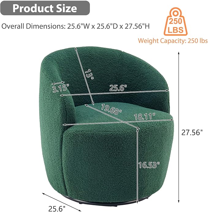 KIVENJAJA Swivel Barrel Chair Teddy Sherpa Upholstered Modern Round Accent Arm Chairs Boucle 360 Degree Swivel Small Single Sofa Armchair for Nursery Living Room Bedroom (Teddy Green)