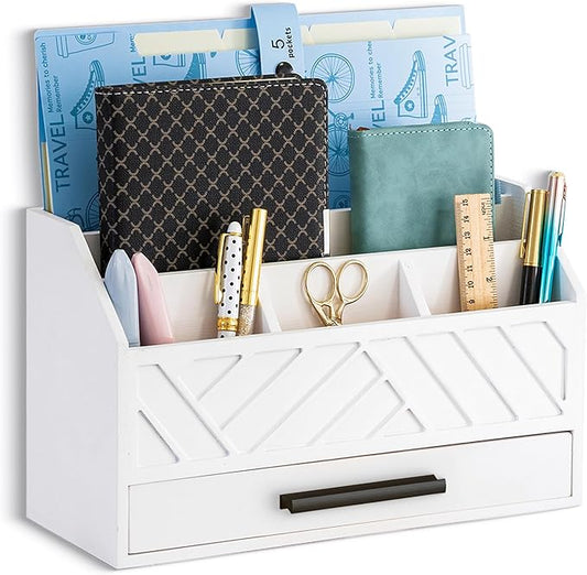Wood Desk Organizer and Accessories with Drawer Bill Mail Organizer and File Mail Holder for Office Supplies Modern Desk Accessories &amp Workspace Organizers for Desk Organization
