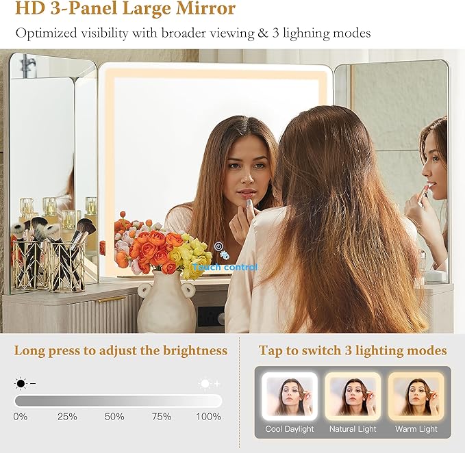 T4TREAM 48 Fluted Makeup Vanity Desk with HD Triple Mirror and Lights Large Lighted Corner Vanity with Glass Top Modern Dressing Table with 3 Drawers &amp 2 Cabinets for Bedroom White Alder