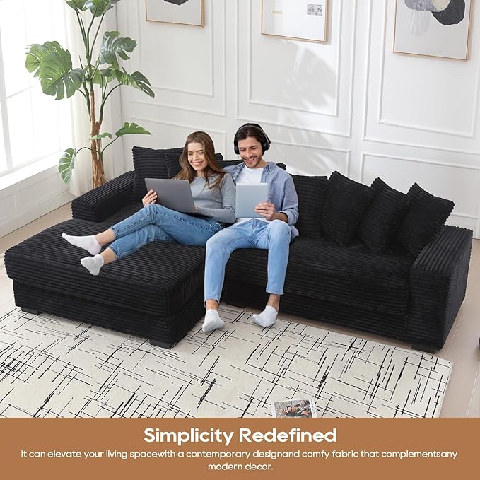 Fefances Spacious Two-Section Left-Oriented Modular L-Shaped Corduroy Sectional Couch for Living Spaces 111 Upholstered Convertible Chaise Sofa &amp Chaise Lounge with Daybed FunctionalityBlack/R.