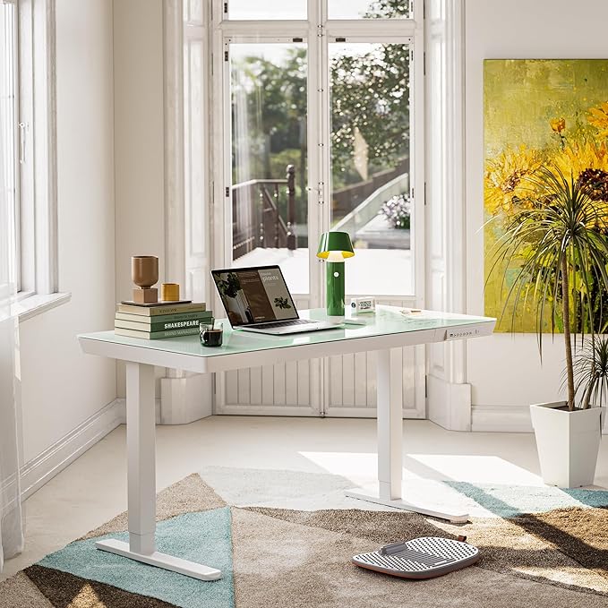 FEZIBO 48 × 24 Electric Standing Desk with Drawers Whole-Piece Glass Height Adjustable Desk with One-Piece Tabletop and USB Charging Ports One-Piece Quick Install Adjustable Sit Stand Desk White