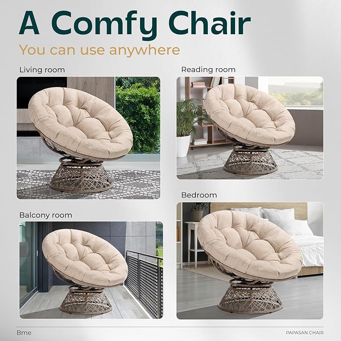 Bme 40 Ergonomic Wicker Papasan Chair with Soft Thick Density Fabric Cushion High Capacity Steel Frame 360 Degree Swivel for Living Bedroom Reading Room Lounge Sepia Sand - Brown Base