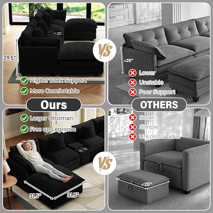 143 Oversized Modular Sectional Sofa U Shaped Cloud Couch 6 Seat Sofa Set for Living Room Comfy Corduroy Deep Seat with Storage Central Console Movable Ottomans USB Ports Cup Holders Black
