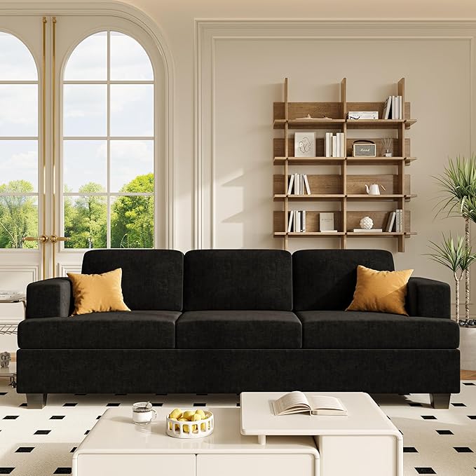 Apicizon 89 Black Couch for Living Room Comfy Couch Clound Sofa 3 Seater Sofa Modern Couches with Removerable Cover for Bedroom Chenille