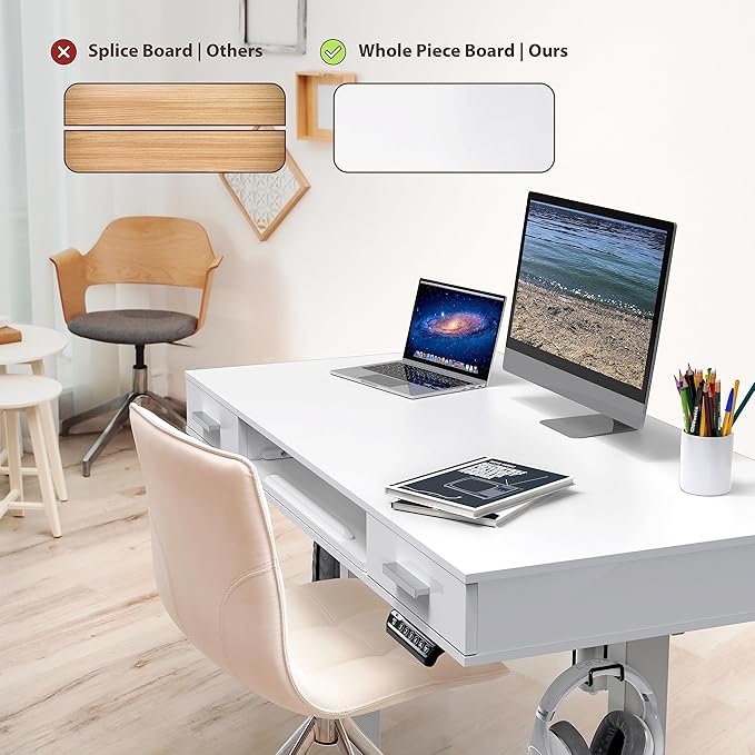 SHW 48-Inch Electric Height Adjustable Desk with Keyboard Tray and 2 Drawers White