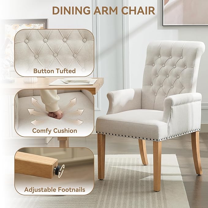 Fabric Dining Chair with Arms Upholstered Tufted High Back Dining Room Chairs Accent Armchair with Solid Wood Leg and Nailhead Trim Kitchen Dining Living Room Beige