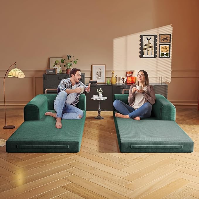 Folding Boneless Couch Convertible Sleeper Sofa Bed Futon Lounge Chair Boneless Corduroy Loveseat with Pull Out Bed Floor Sofa Modular Couch for Living Room Basement Movie Theater Room Green
