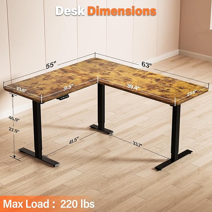Kingant L-Shaped Standing Desk 63 x 55 Inch Large Adjustable Corner Desk with Charging Station Electric Sit Stand Up Computer Desk for Home Office(Rustic Brown)
