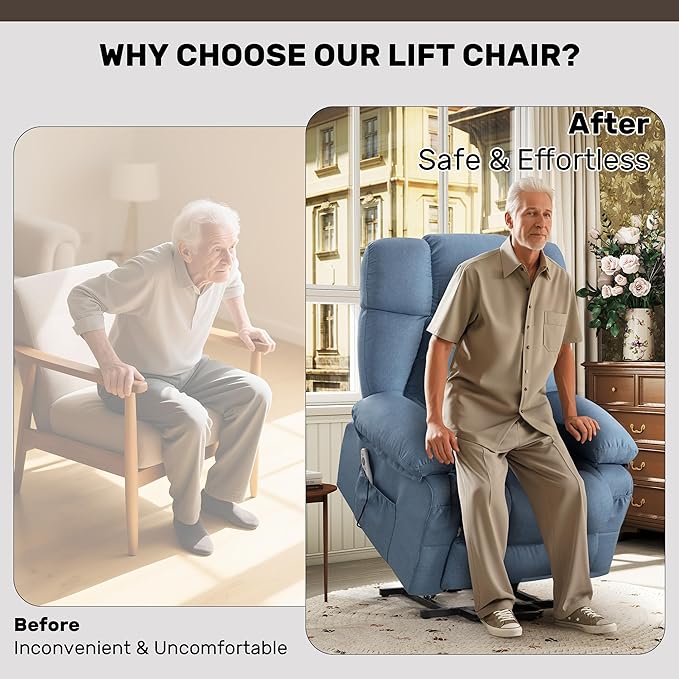 Power Lift Recliner Chair for Elderly Big and Tall Lift Chair with Massage and Heat for Living Room Fabric Electric Recliner Chairs with 4 Side Pockets USB Charge PortBlue