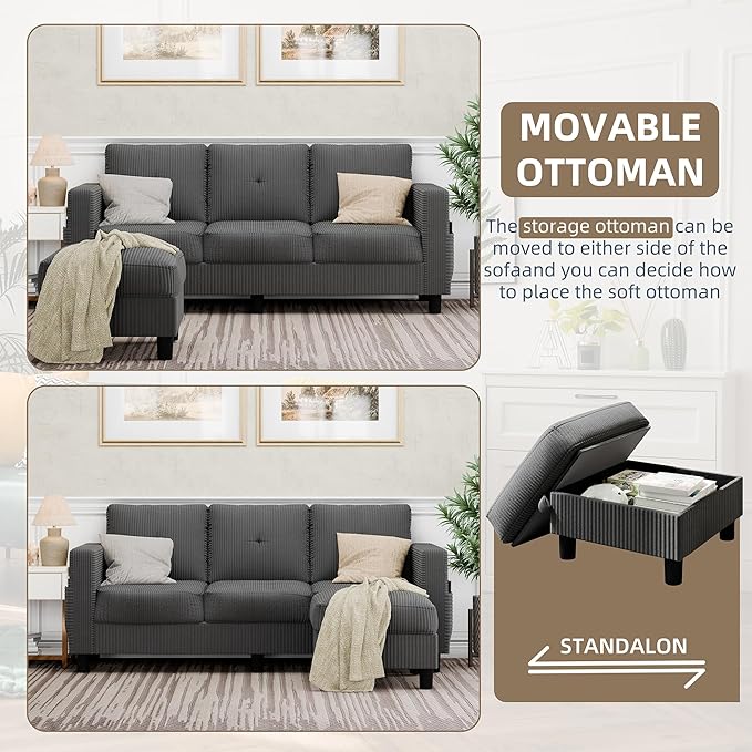 JAMFLY Convertible Sectional Couches for Living Room L-Shaped Couch 3 Seat Sectional Sofa Set with Corduroy Fabric and Movable Ottoman Small Couch for Apartments Office（Dark Grey）