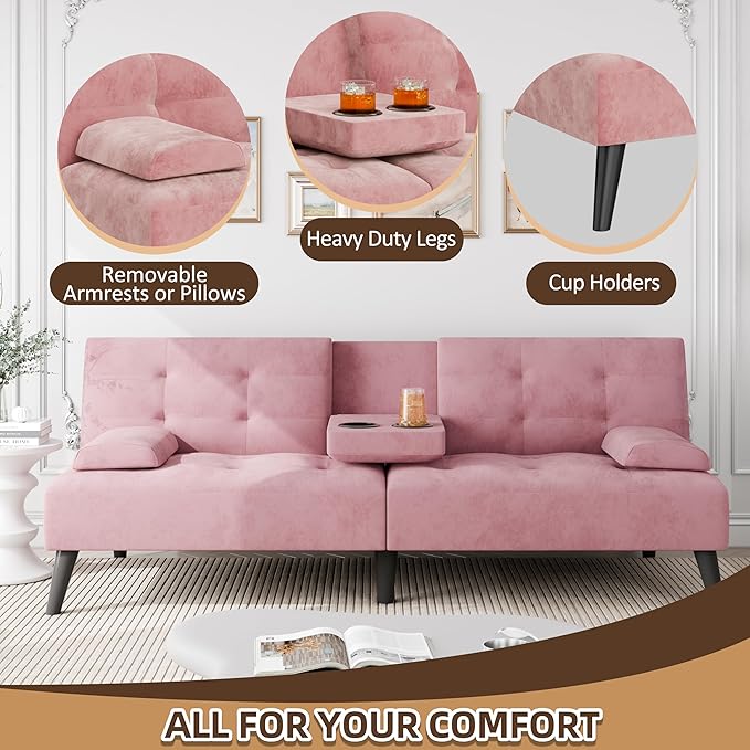 JAMFLY Futon Sofa Bed 64 Small Futon Couch with Adjustable Backrest 3-Angle Recliner Detachable Armrests with Cup Holders for Small Spaces Living Room Office Apartment Study Room (Pink)