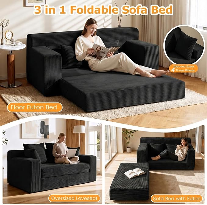 55 Small Boneless Couch 3-in-1 Boneless Loveseat Sleeper Sofa Bed Convertible Sofa Bed with 4 Pillows Black Corduroy Boneless Couch for Living Room Guest Room Small Space No Assembly Required