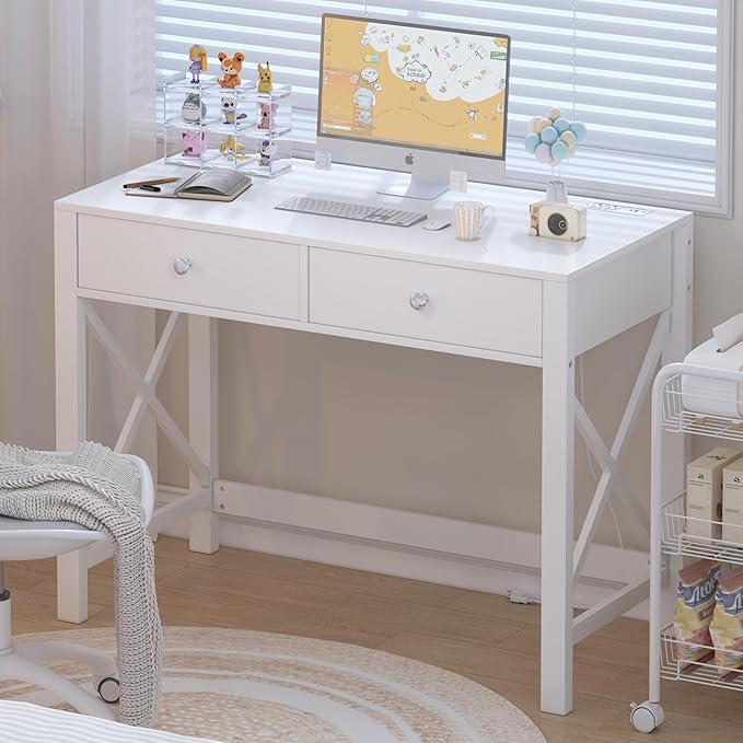 WiberWi Home Office Desk with Drawers White Modern Writing Computer Desk with Power Outlets Small Makeup Vanity Table for Bedroom Study Table for Home Office