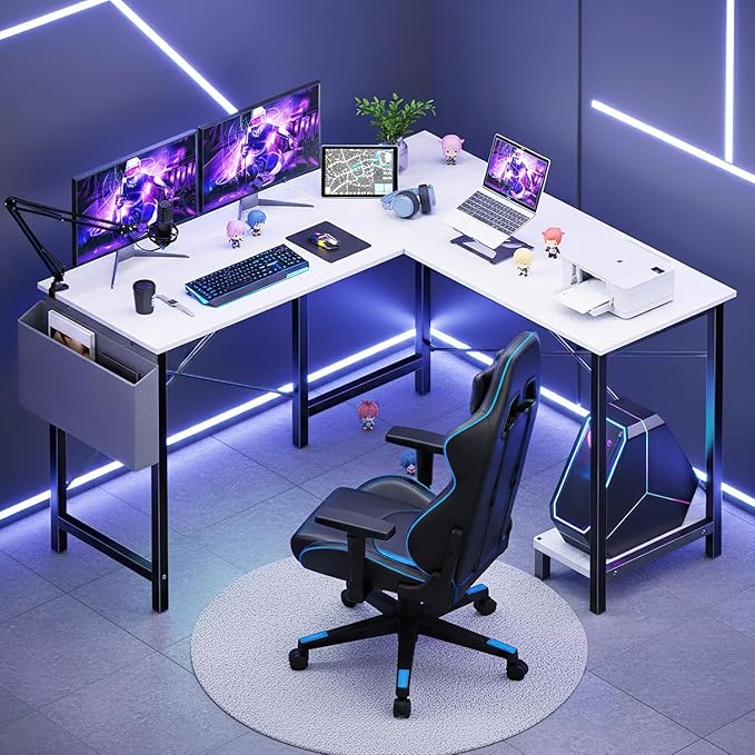 Sweetcrispy L Shaped Desk - Computer Desk Corner Desks Gaming Desk PC Table with CPU Stand Side Bag for Home Office Dorm Sturdy Writing Workstation White 50-Inch