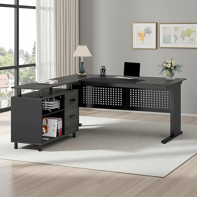 Oigavfd 63 Executive Desk with Drawers and Filing Cabinet L Shaped Computer Desk with Metal Frame and Privacy Baffle Home Office Workstation (Gray and Black)