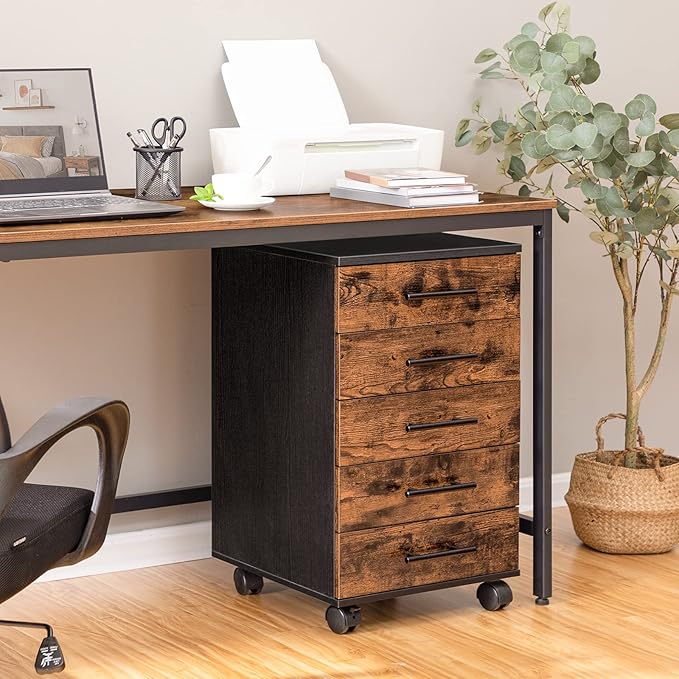 HOOBRO 5-Drawer File Cabinet Office Filing Cabinet with Drawers Wooden Mobile Storage Cabinet with Wheels for Makeup Home Office Easy Assembly Rustic Brown BF05WJ01G1
