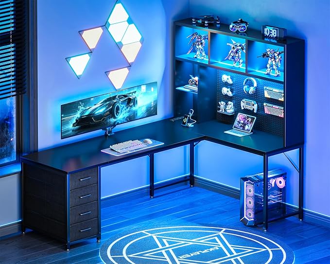 AODK 71 L Shaped Gaming Desk with Hutch Pegboard &amp Shelves L Shaped Desk with 4 Drawers Integrated LED Light Strip &amp Power Outlets Reversible PC Gaming Computer Desk Black