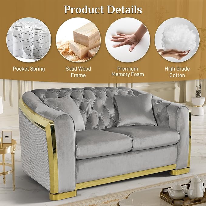 Mid Century Modern Chesterfield Sofa Couch 62 Velvet Couch Grey and Gold Sofa Luxury Curved Loveseat for Living Room 2 Seat Tufted Sofas with 4 Pillows &amp Classic Gold Legs Grey