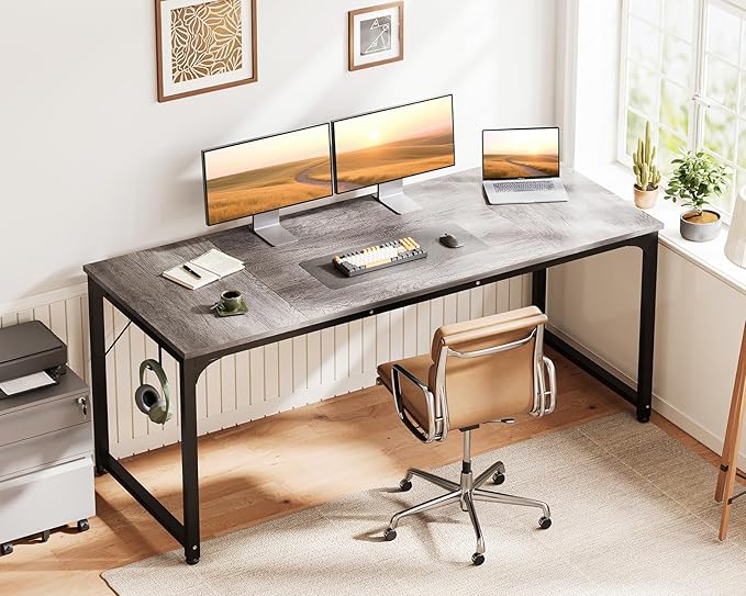 Casaottima 63 Inches Small Computer Desk Work Study Table for Home Office Kids Student Writing Desk with Headphone Hooks Grey