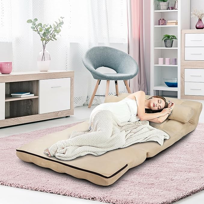 DORTALA Foldable Floor Sofa 6-Position Adjustable Lounge Couch with 2 Pillows &amp Suede Cloth Cover Modern Lounge Mattress Video Gaming Lazy Couch Suede Floor Seating Sofa 71 x 44.5 Beige