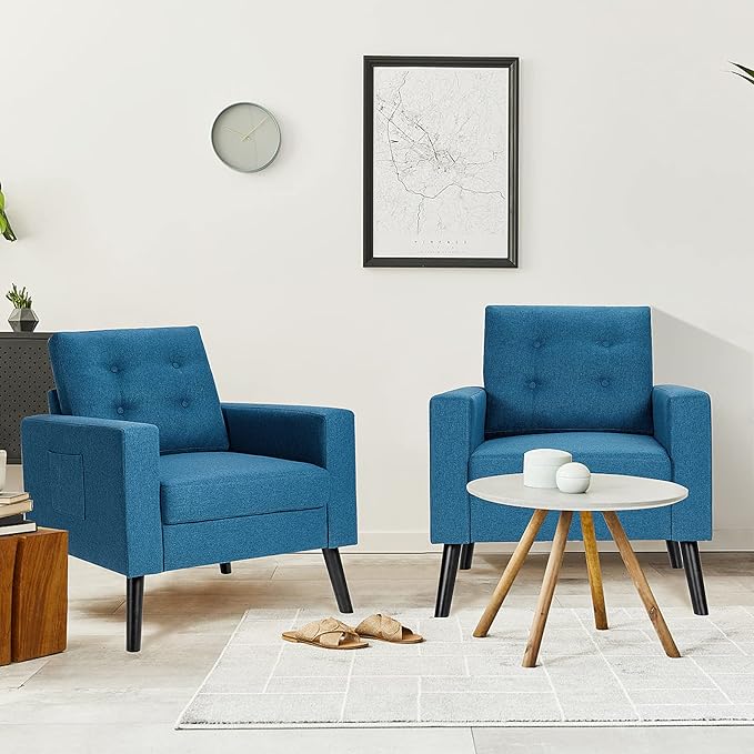 Giantex Set of 2 Modern Accent Chair Upholstered Living Room Chair Button Tufted Single Sofa Couch Bedroom Reading Guest Room Patented Linen Fabric Armchairs with Side Pockets and Wood Legs Blue