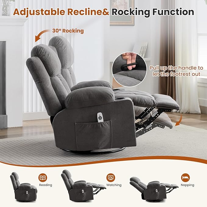 Swivel Rocker Recliner Chair with Vibration Massage and Heat for Living Roomwith Rocking Function and Side Pocket USB Charge Port2 Cup Holders