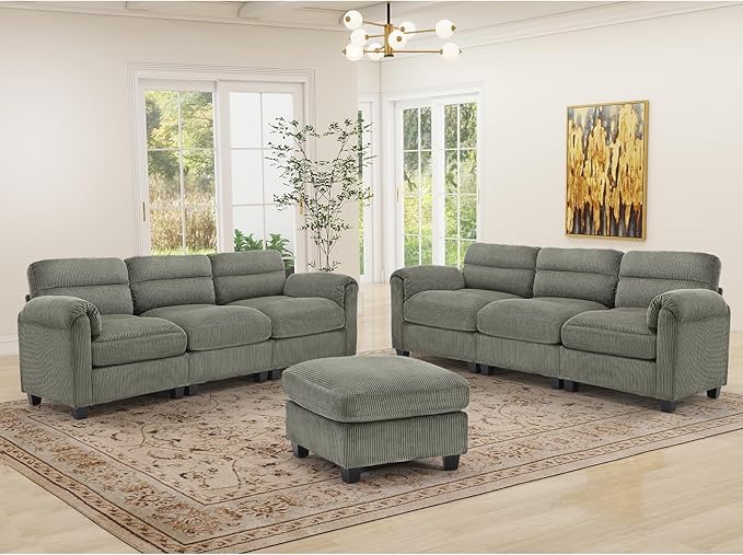 Corduroy Sofa Set Upholstered Ottoman Modern Loveseat and 3-Seater Couch Set of 2 with Plush Cushions and Rolled Arms Modern Living Room Furniture SetsGreen