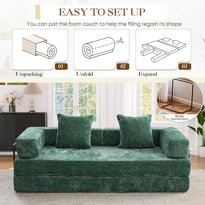 Antetek Modular Futon Sofa Bed Convertible Folding Chenille Comfy Memory Foam Floor 3 Seater Loveseat Sleeper Sofa Couch Bed Chaise Lounge with 2 Pillows for Guest Room Living Room Office Green