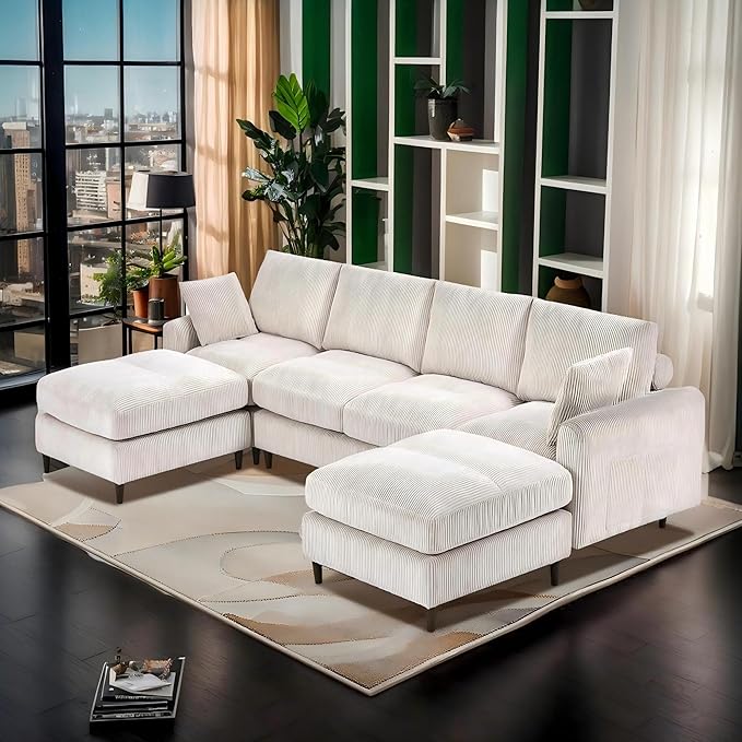 Anwick 126 L-Shaped Modular Sectional SofaModern Corduroy Fabric Sofa Couch with Movable Ottoman4 Seat Convertible Sleeper Sectional Couches for Living Room Home Office (Beige 122 U-6 Seater)