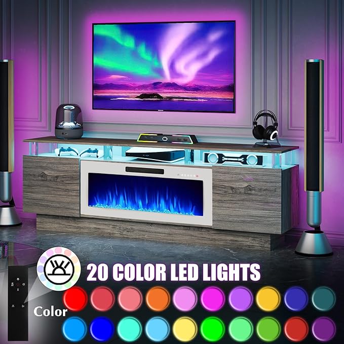 70 Modern Fireplace TV Stand with 36 Electric Fireplace for TVs Up to 80 inch Luxury LED Light Entertainment Center with High Gloss Cabinet (Grey with White Fireplace 70 (8 Acrylic Posts))
