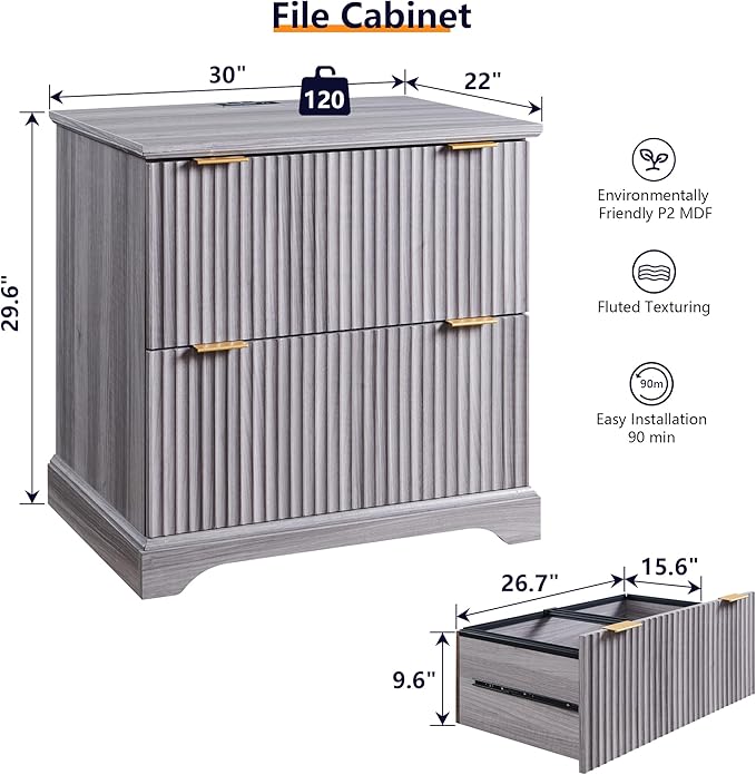 JXQTLINGMU 2 Drawer File Cabinet with Charging Station 30 Fluted Lateral File Cabinet w/Files Hanging Rod for Letter/Legal/A4 Large Tabletop for Printer Office Wood Printer Cabinets Grey