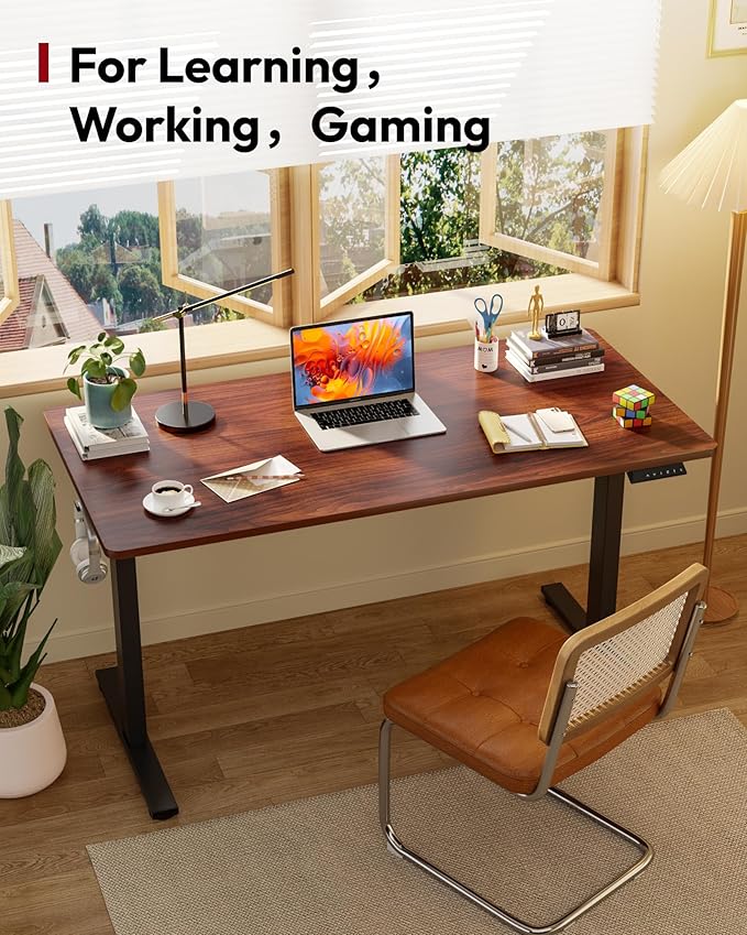 SANODESK Electric Standing Desk 55 x 28 Inches Whole-Piece Desktop Height Adjustable Stand Up Desk w/6-Button Controller Ergonomic Computer Desk for Home Office Black Frame + Mahogany Tabletop