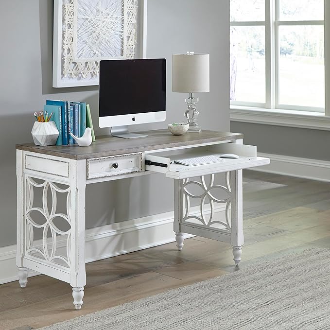 Liberty Furniture Magnolia Manor 4 Piece Opt L Shaped Writing Desk Set Keyboard Tray European Traditional Home Office - Antique White &amp Weathered Bark Oak Wood
