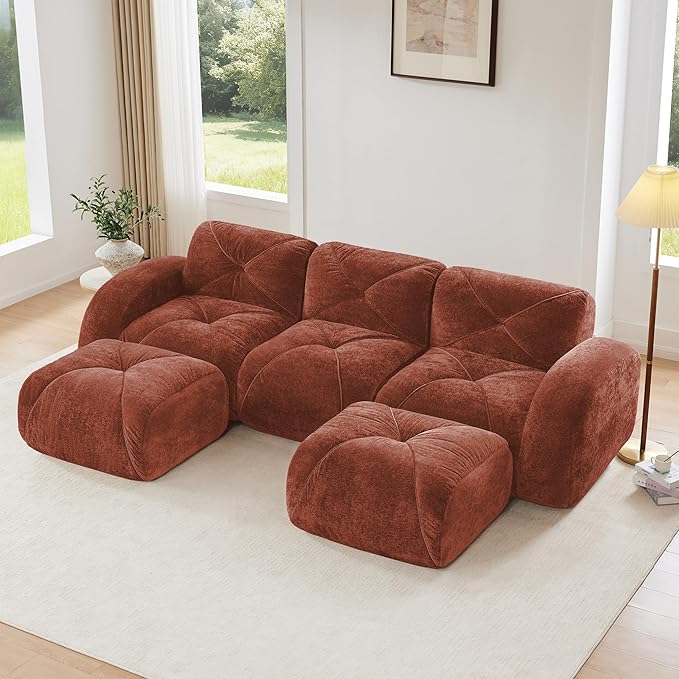 Boneless Couch Modular Sectional Sofa 110.6 U Shaped Sectional Couches for Living Room 3 Seater Cloud Couch with Ottoman Retro Velvet Floor Sofa for Bedroom No Assembly RequiredRed-Brown