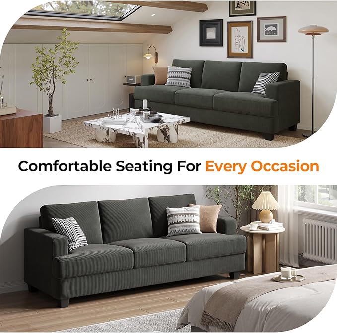 89 Inch Sofa with Extra Deep Seats Oversize 3 Seater Sofa for Living Room Modern Couch and Sofa Comfy Armrests and Seats and Backrests Easy Installation Corduroy Fabric Grey
