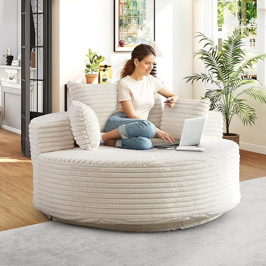 360-Degree Oversized Swivel Chair Modern Round Circle Corduroy Comfy Deep Seat Swivel Accent Chaise Lounge Sofa Chair with Back Cushion &amp 2 Throw Pillows for Living Room Bedroom Office Beige