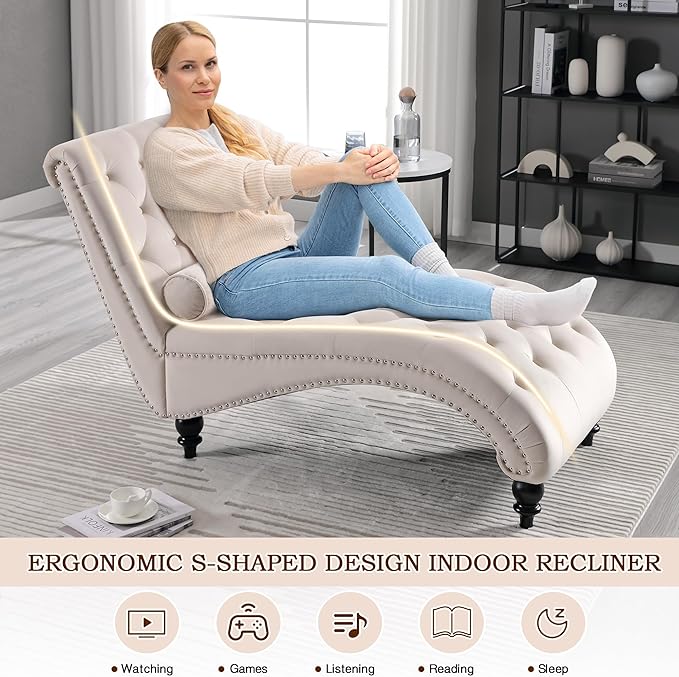 SLEERWAY Chaise Lounge Chair Indoor Modern Velvet Upholstered Sofa with Solid Wooden Leg and Lumbar Pillow Button Tufted Sleeper Chaise Lounge Chairs for Bedroom Living Room Office Beige