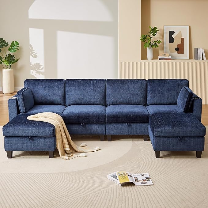 ONBRILL 110 U-Shaped Modular Sectional Sofa Convertible Sleeper Sofa Couch Bed with Adjustable Backrest Chenille Couch with Movable Ottoman Couches for Living RoomBedroom and ApartmentBlue