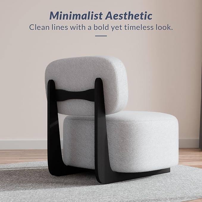BELLEZE Modern Sherpa Accent Chair with Rubber Wood Base Upholstered Bouclé Soft Chair Low-Profile Single Sofa Chair with Flat Backrest Cozy Living Room or Bedroom Chair White
