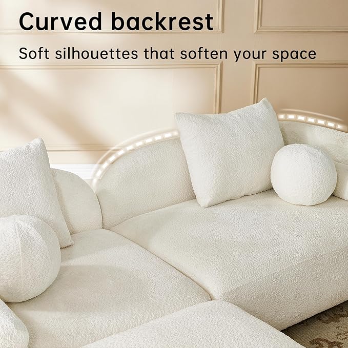 Modern Curved Sofa 3-Seater Comfy Cloud Boucle Couch with Wood Leg &amp Pillows Minimalist Sofas for Living Room Apartment Cream White 91.75‘’ | Curved design 6 sofa pillows Simple assembly Mo