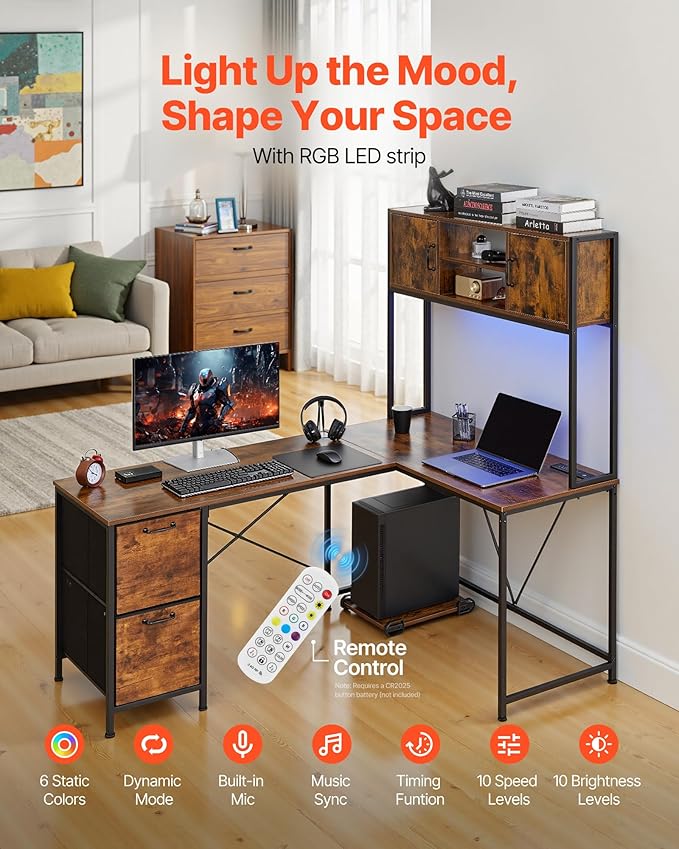 VEVOR L-Shaped Gaming Desk with LED Lights 62.2-inch Reversible Corner Computer Desk with Power Outlets Movable CPU Stand &amp Storage Drawers Modern Stylish PC Gaming Table for Home Office