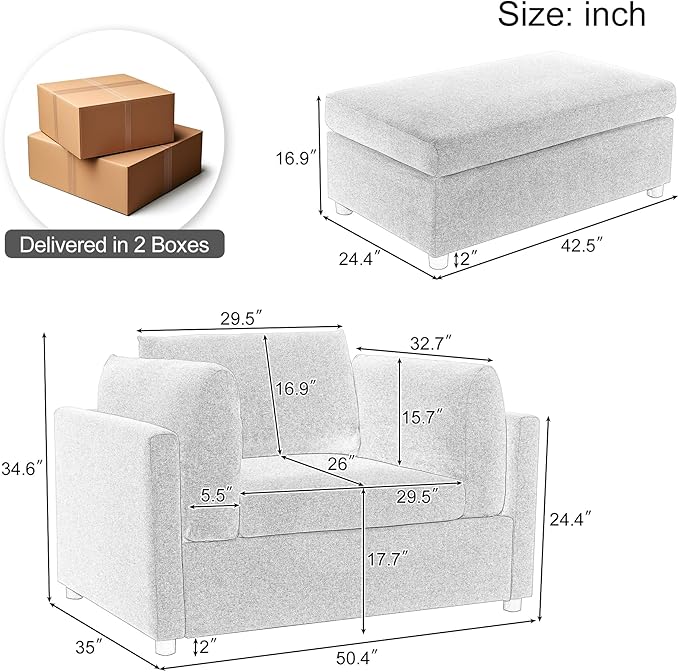 Modern Chenille Oversized Armchair with Ottoman 50.4 Wide Accent Chair Luxurious Linen Fabric Single Sofa Chair with Pillows and Wide Armrests Living Room Apartment Offices (Cream-50.4'')