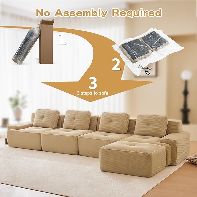 Modular Sectional Boneless Sofa 150” Corduroy L Shaped Sofa Couch with Movable Ottoman Modern 4-Seat Sofas Comfy Deep Seat Couches for Living Room Apartment No Assembly Camel