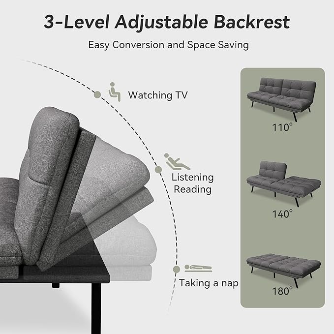 Convertible Futon Sofa Bed71 Memory Foam Futon CouchDetachable CushionAdjustable Backrest &amp ArmrestLinen Modern Loveseat Sleeper Recliner for Living RoomOfficeApartmentMedium Grey