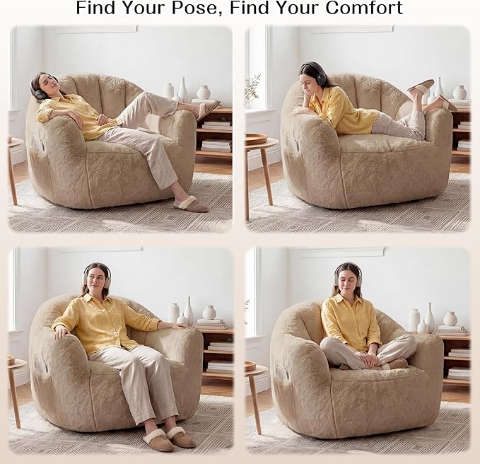 Bean Bag Chair Giant Bean Bag Chair for Adults Shell-Shaped Bean Bag Couch with Armrests &amp Side Pockets Comfy Beanbag Lazy Couch Reading Chair for Bedroom Living Room Khaki